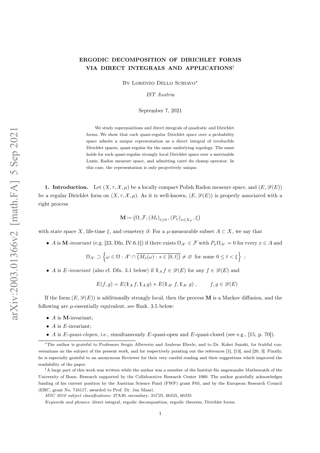 Ergodic Decomposition of Dirichlet Formsvia Direct Integrals