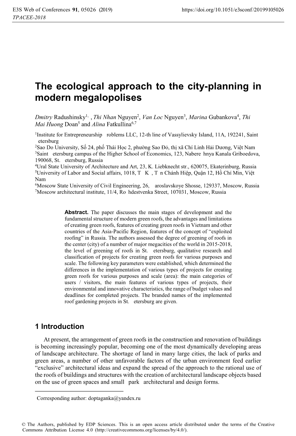 The Ecological Approach to the City-Planning in Modern Megalopolises