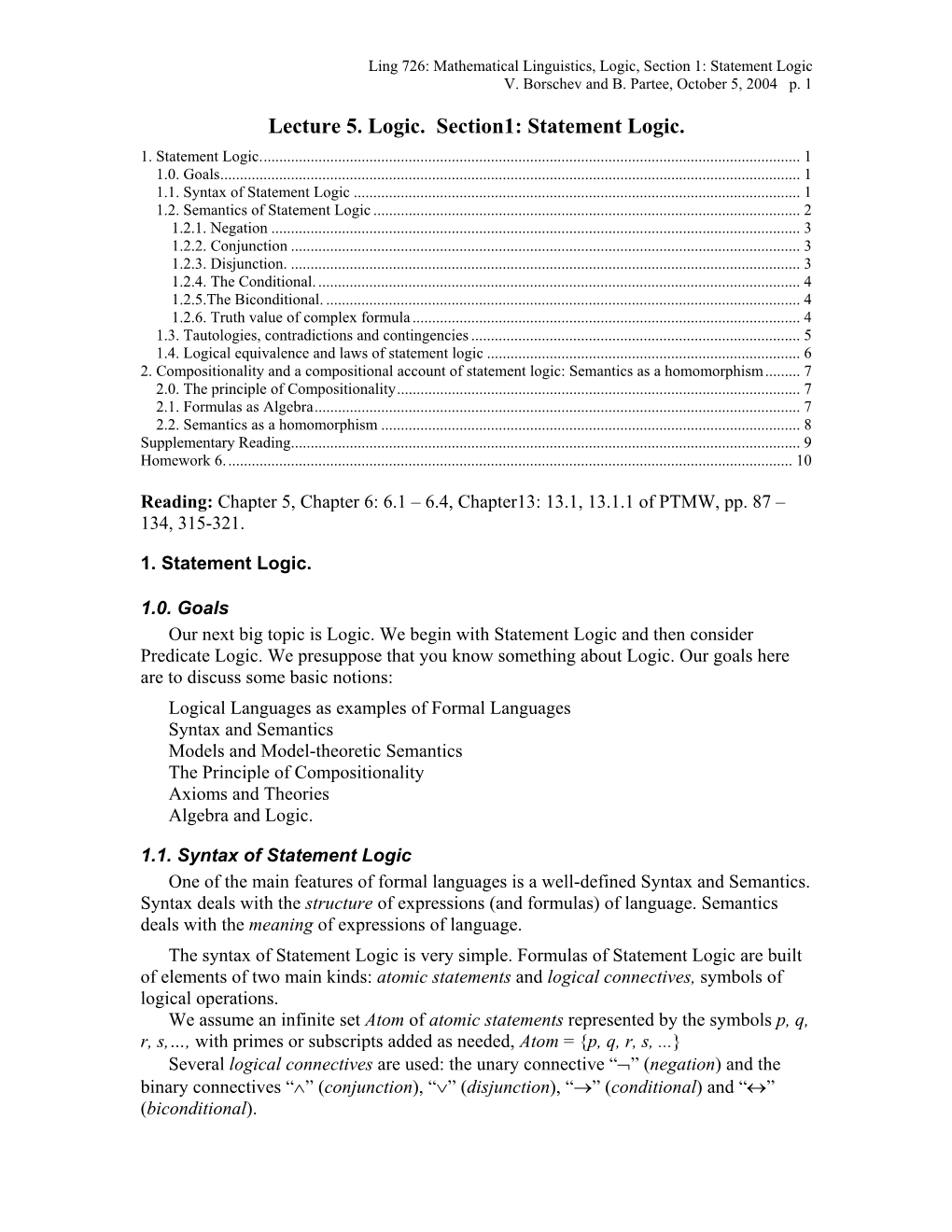 Lecture 5. Logic. Section1: Statement Logic. 1