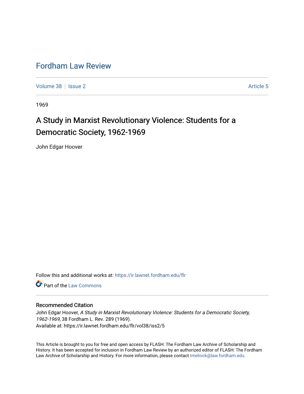 A Study in Marxist Revolutionary Violence: Students for a Democratic Society, 1962-1969