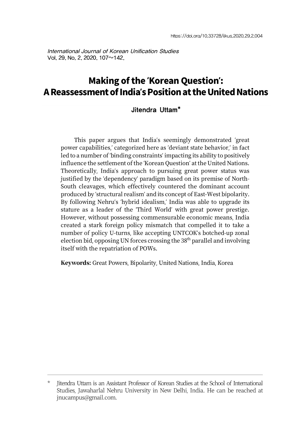 'Korean Question': a Reassessment of India's Position at the United Nations