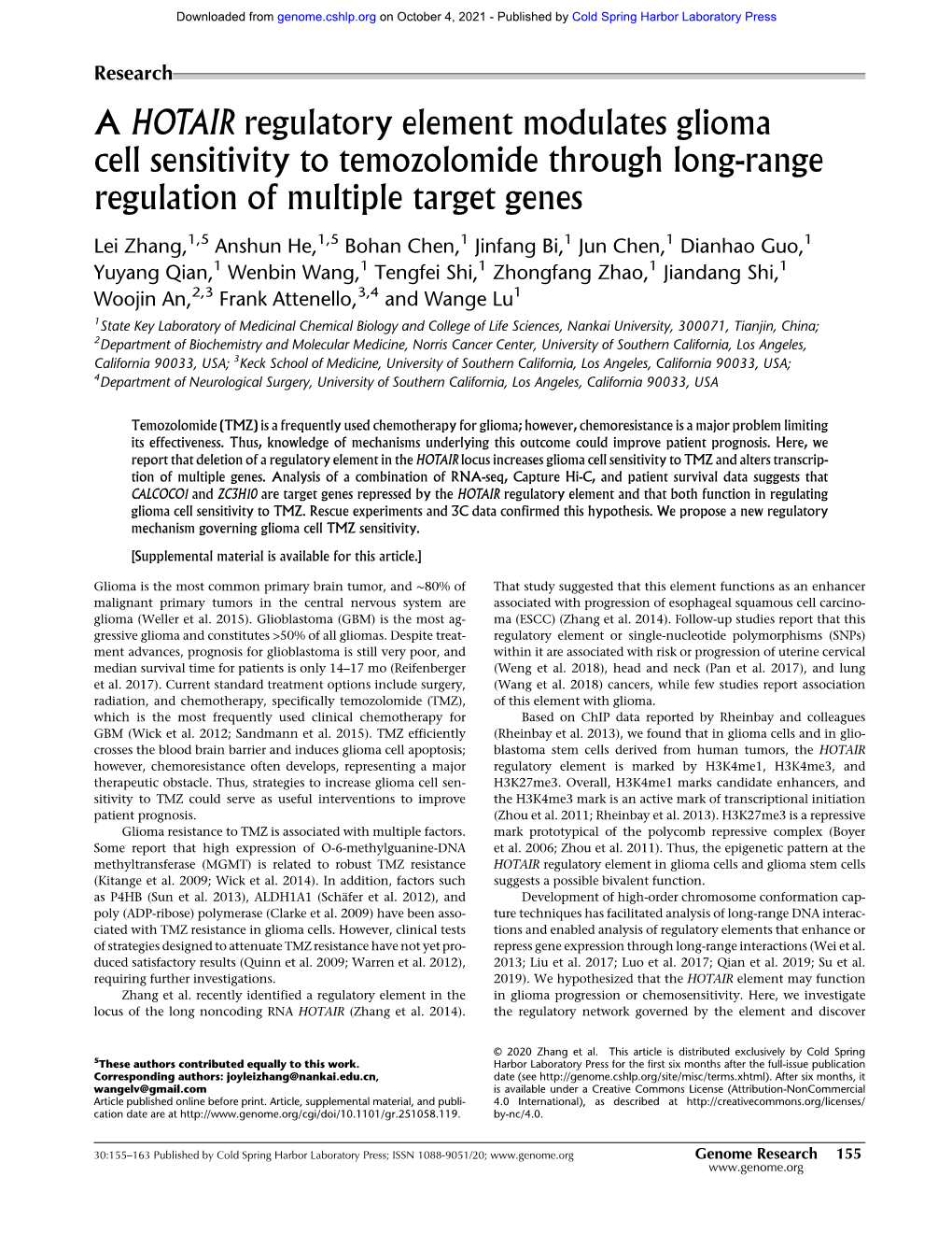 A HOTAIR Regulatory Element Modulates Glioma Cell Sensitivity to Temozolomide Through Long-Range Regulation of Multiple Target Genes