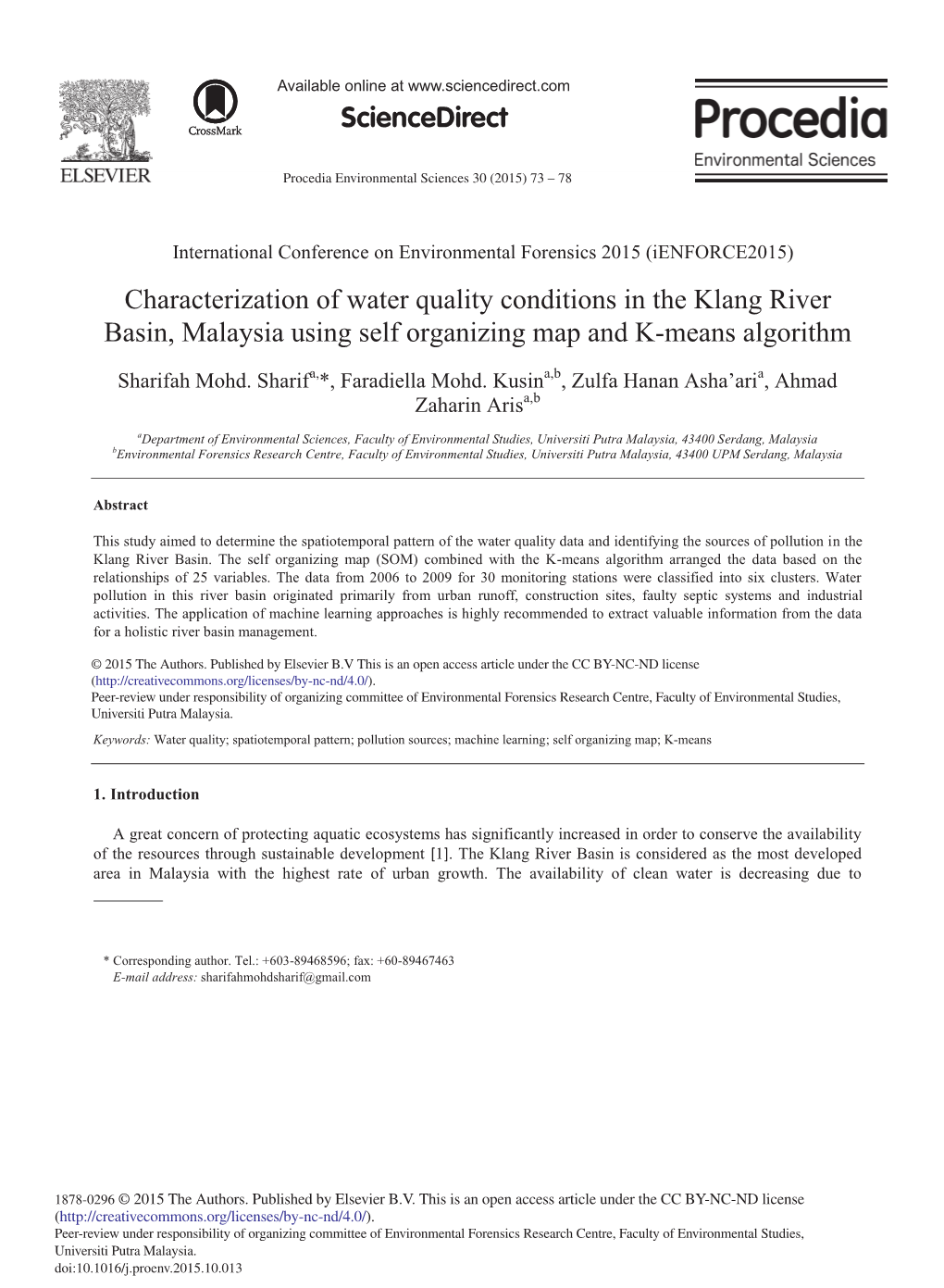 Characterization of Water Quality Conditions in the Klang River Basin, Malaysia Using Self Organizing Map and K-Means Algorithm