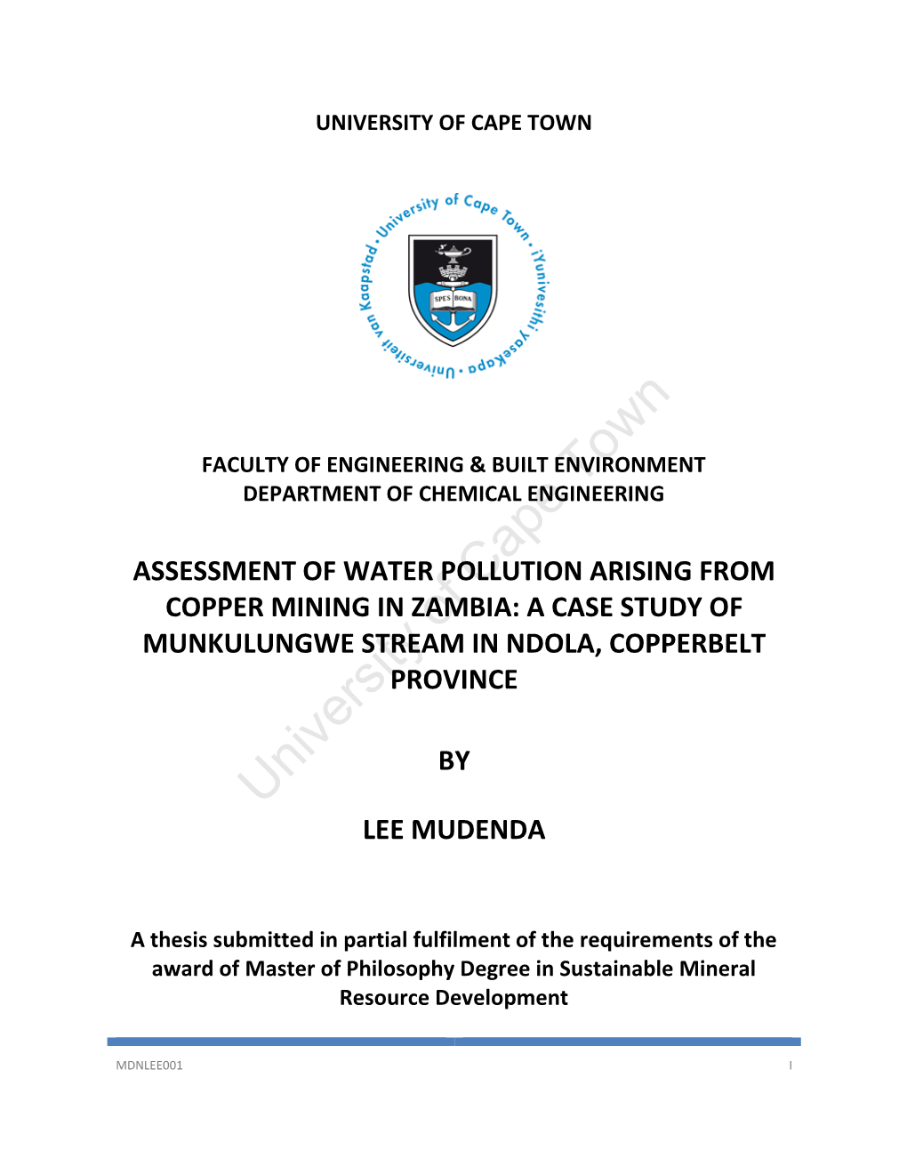 Assessment of Water Pollution Arising from Copper Mining in Zambia: a Case Study of Munkulungwe Stream in Ndola, Copperbelt Province