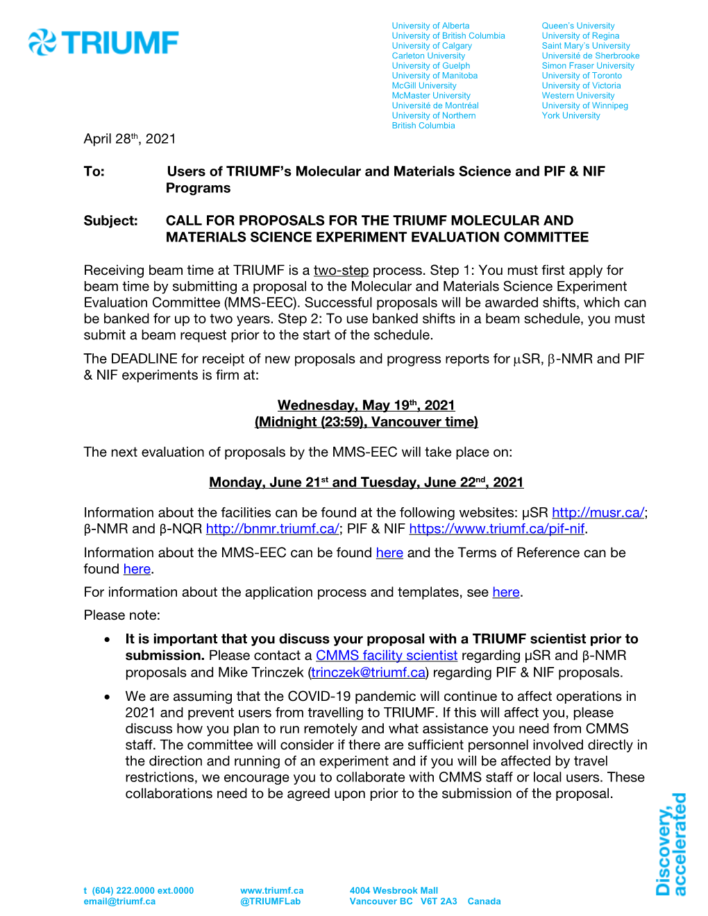 Users of TRIUMF's Molecular and Materials Science and PIF & NIF