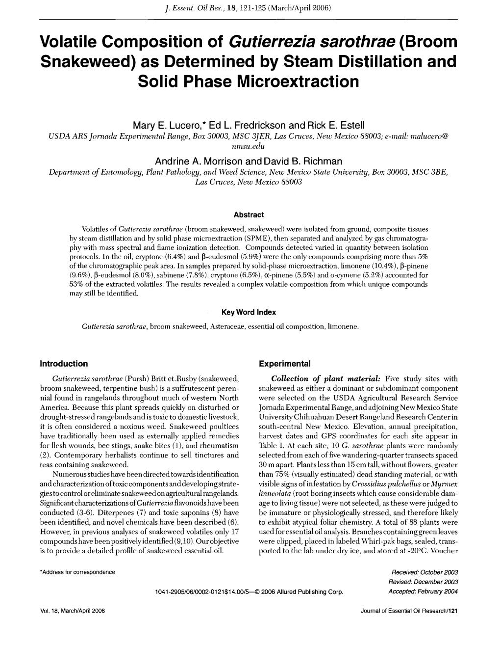 Volatile Composition of Gutierrezia Sarothrae (Broom Snakeweed) As Determined by Steam Distillation and Solid Phase Microextraction