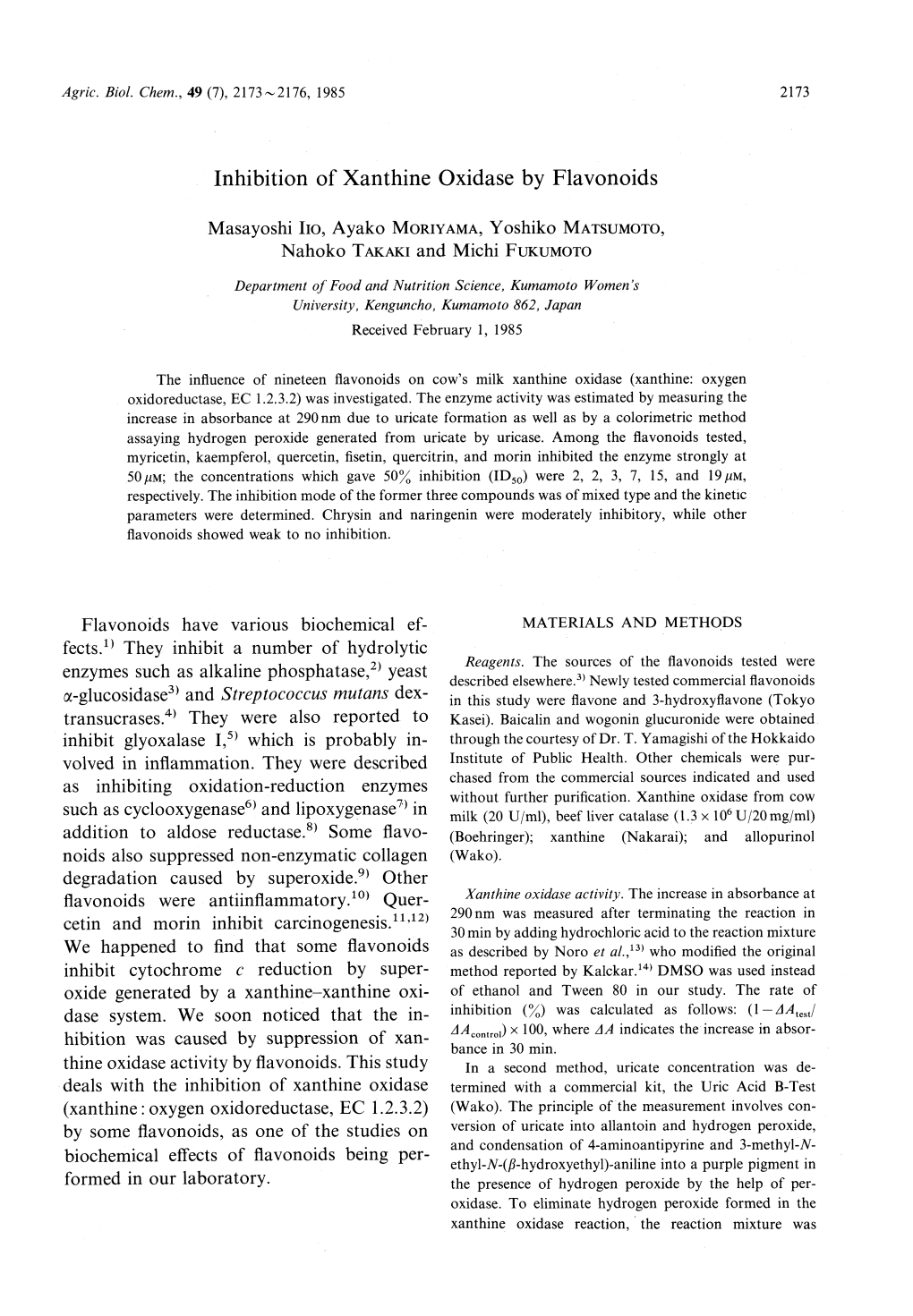 Inhibition of Xanthine Oxidase by Flavonoids