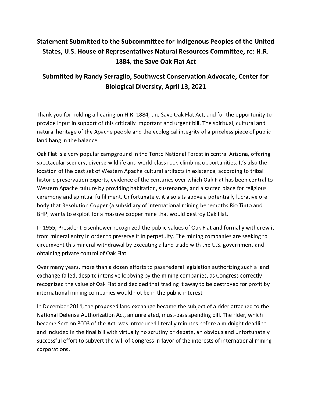 Statement Submitted to the Subcommittee for Indigenous Peoples of the United States, U.S