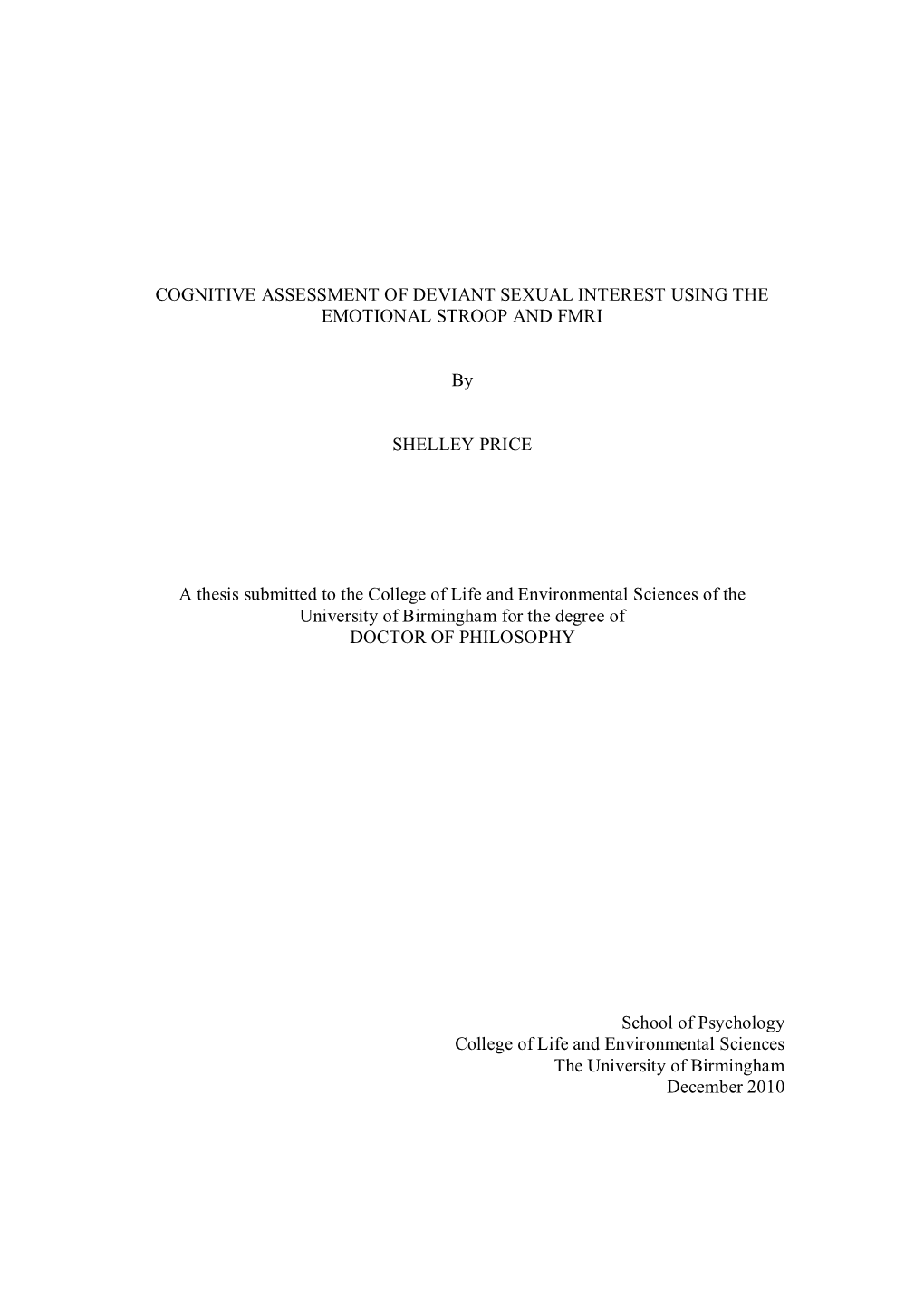 Cognitive Assessment of Deviant Sexual Interest Using the Emotional Stroop and Fmri