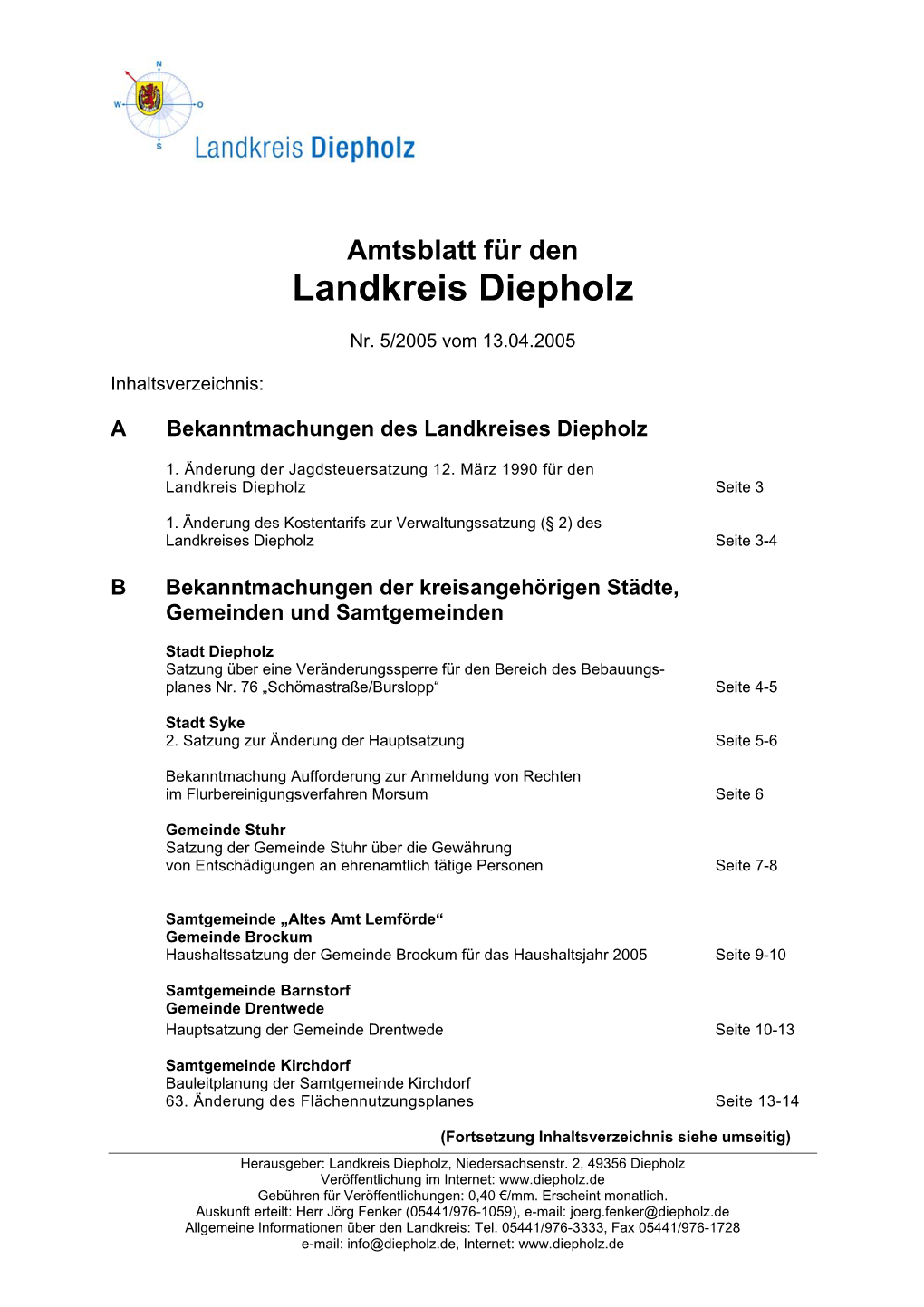 Amtsblatt Für Den Landkreis Diepholz