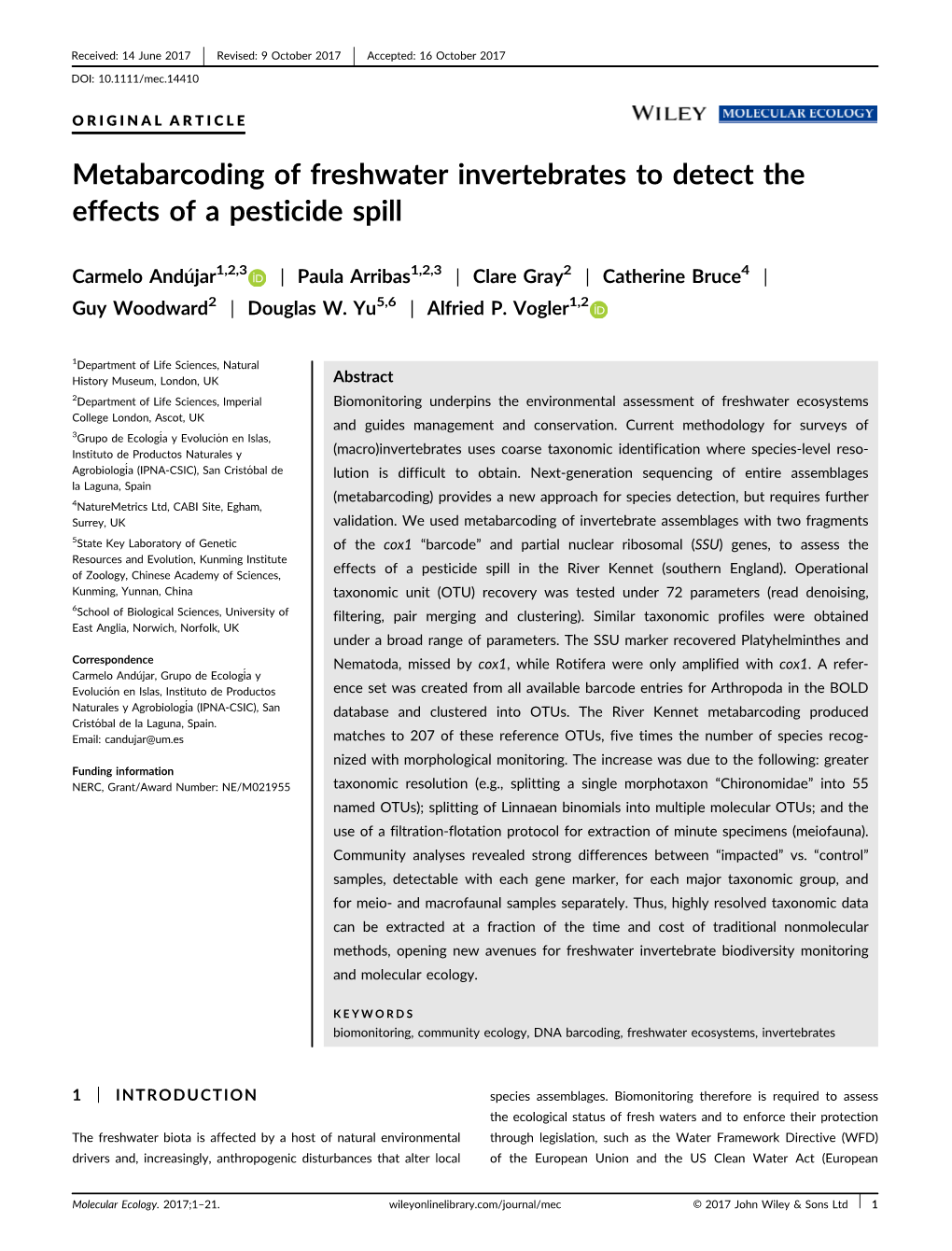 Metabarcoding of Freshwater Invertebrates to Detect the Effects of a Pesticide Spill