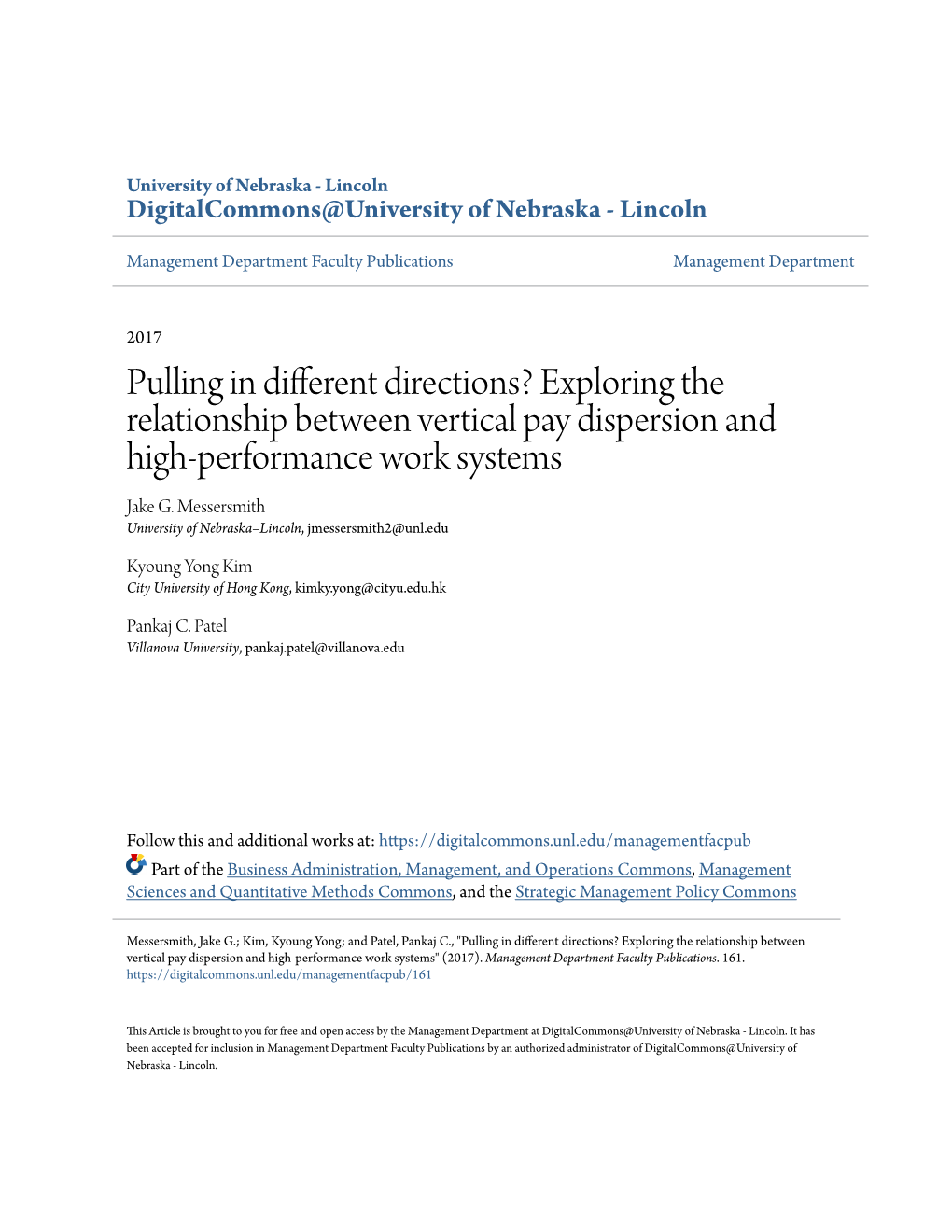 Exploring the Relationship Between Vertical Pay Dispersion and High-Performance Work Systems Jake G