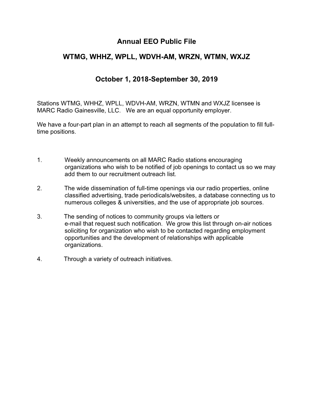 Annual EEO Public File WTMG, WHHZ, WPLL, WDVH-AM, WRZN, WTMN