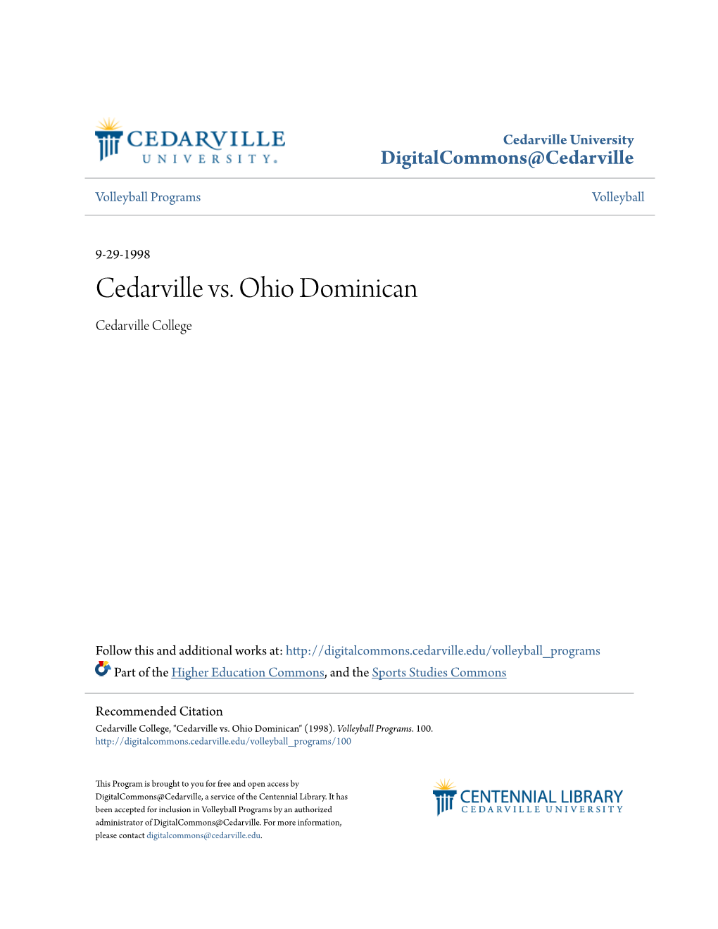 Cedarville Vs. Ohio Dominican Cedarville College