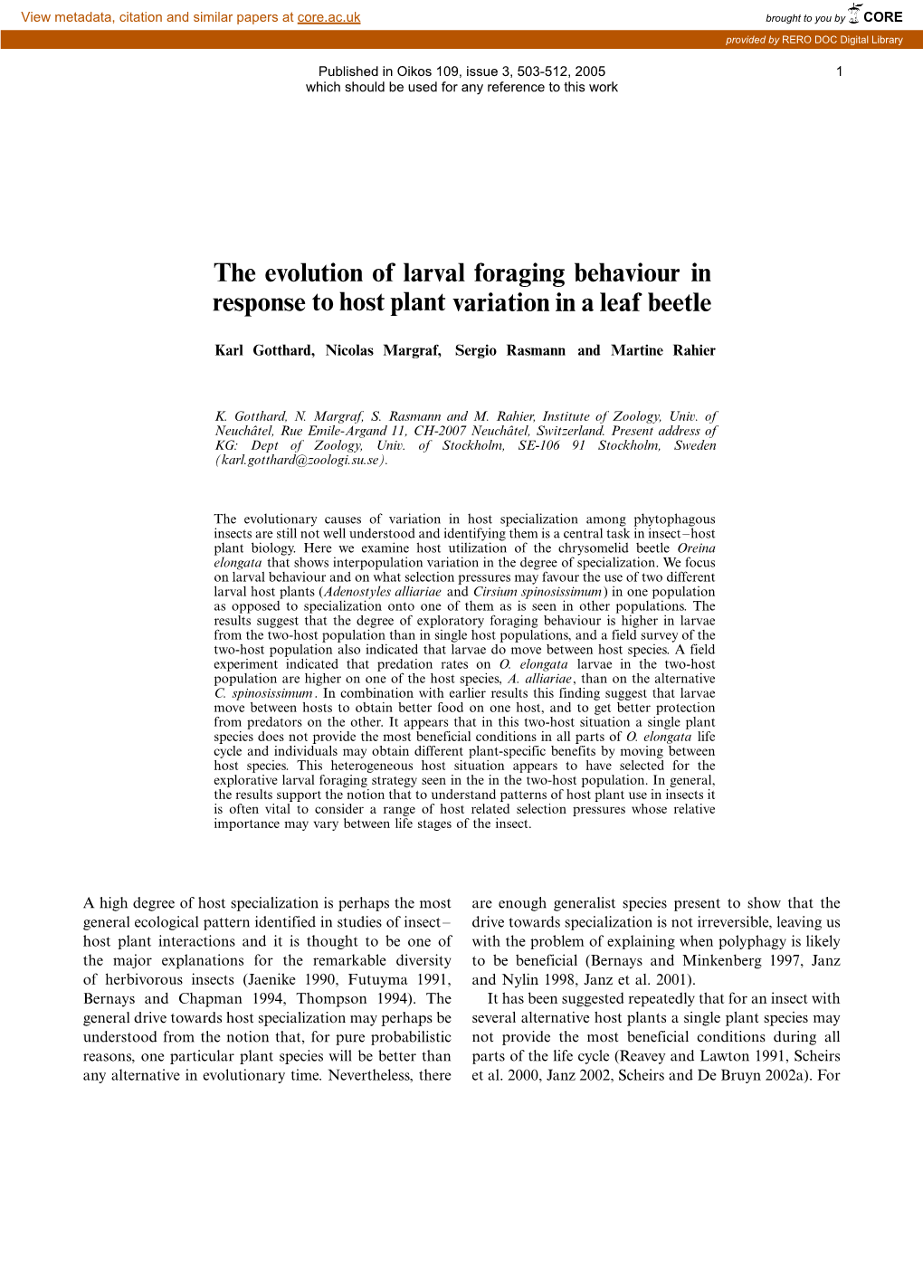 The Evolution of Larval Foraging Behaviour in Response to Host Plant Variation in a Leaf Beetle