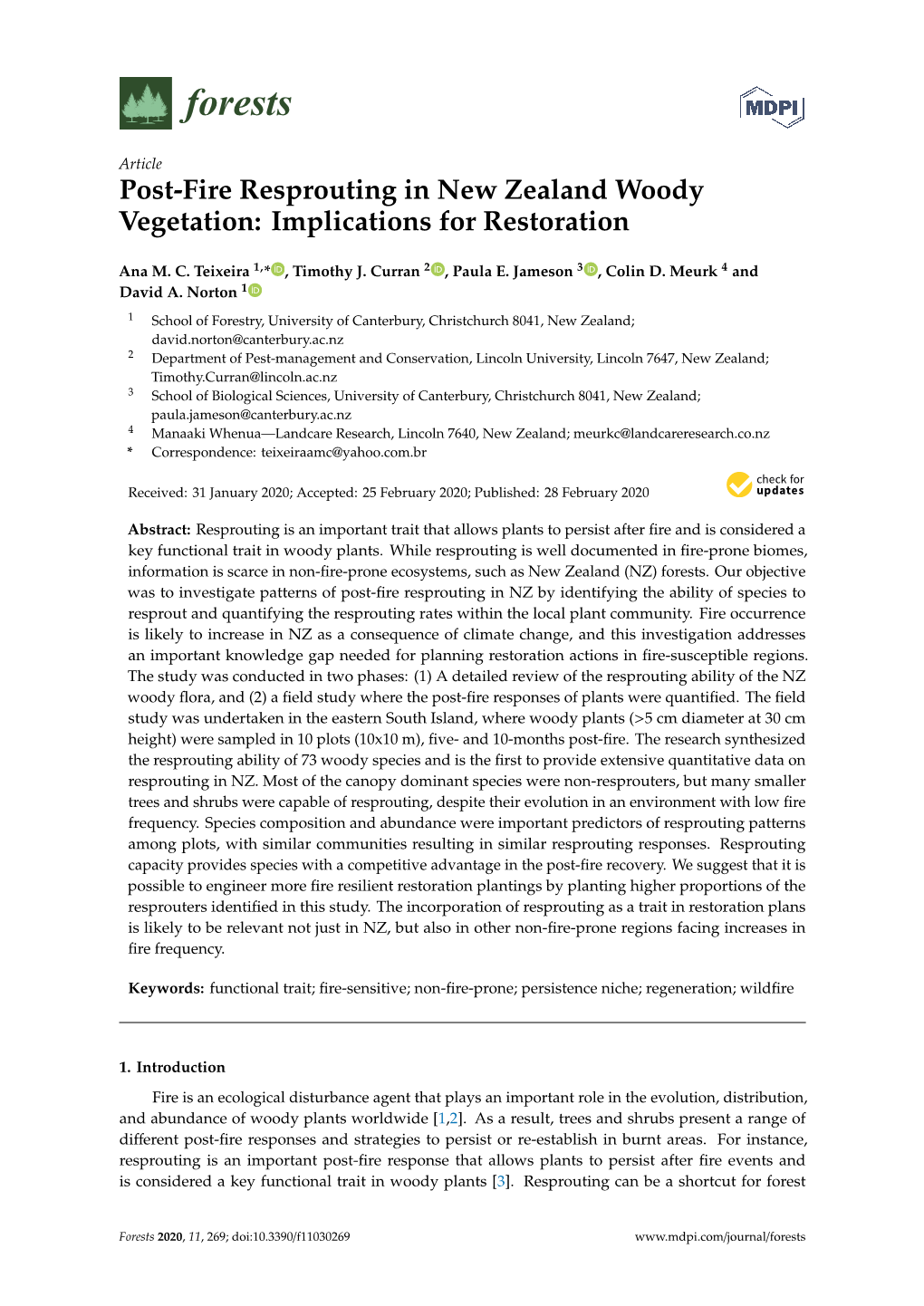 Post-Fire Resprouting in New Zealand Woody Vegetation: Implications for Restoration