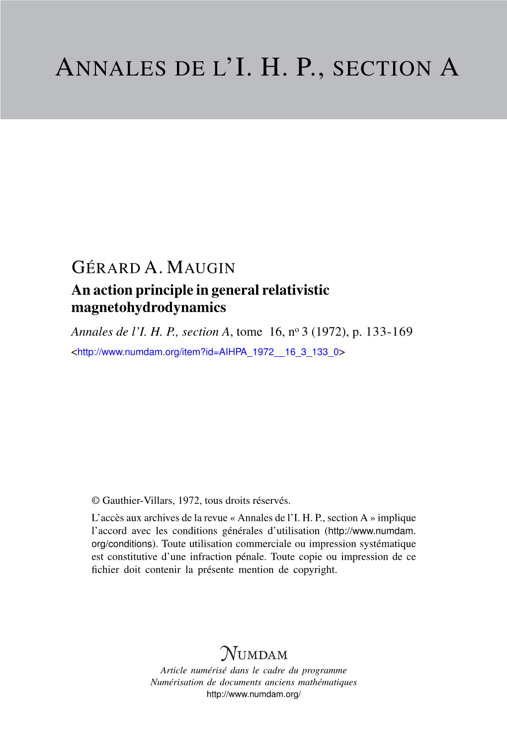 An Action Principle in General Relativistic Magnetohydrodynamics Annales De L’I