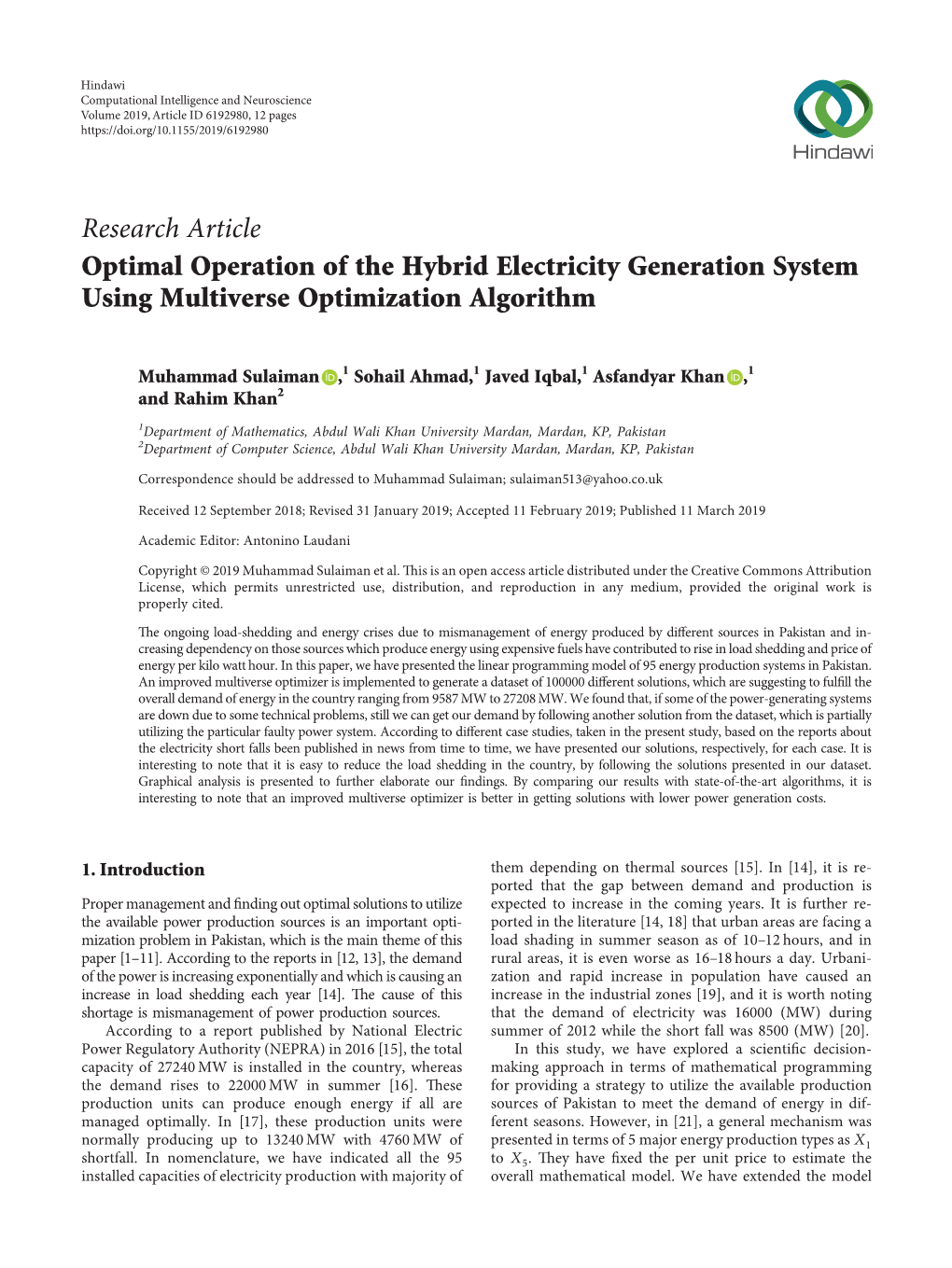 Optimal Operation of the Hybrid Electricity Generation System Using Multiverse Optimization Algorithm