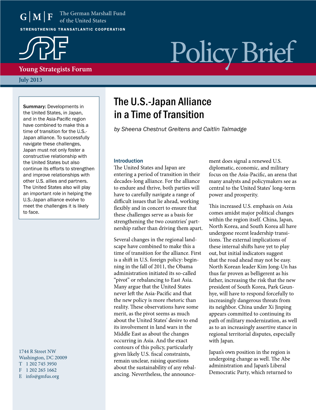 The U.S.-Japan Alliance in a Time of Transition