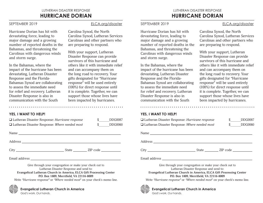 HURRICANE DORIAN HURRICANE DORIAN SEPTEMBER 2019 ELCA.Org/Disaster SEPTEMBER 2019 ELCA.Org/Disaster