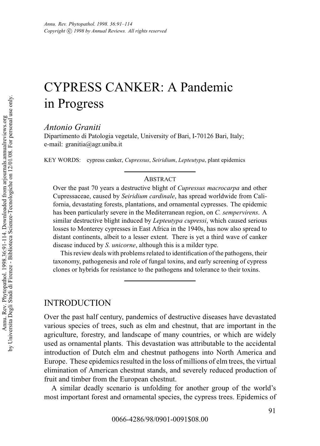 CYPRESS CANKER: a Pandemic in Progress
