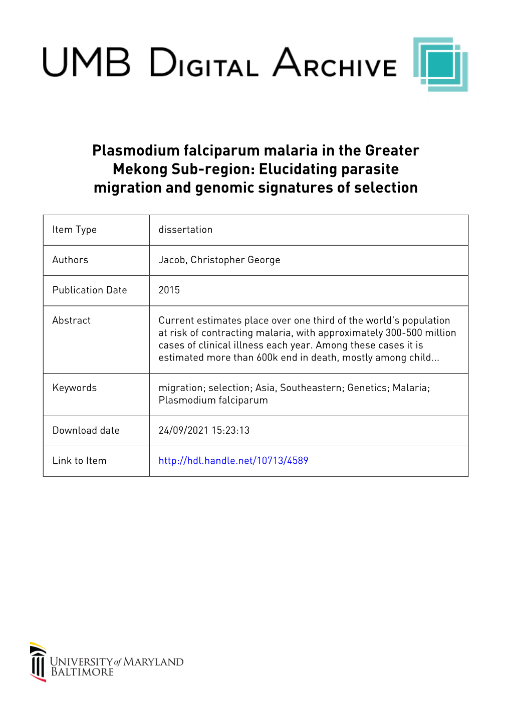 Curriculum Vitae Christopher George Jacob Graduate Program in Life Sciences University of Maryland Baltimore