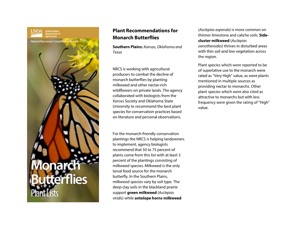 Plant Recommendations for Monarch Butterflies for the Southern Plains