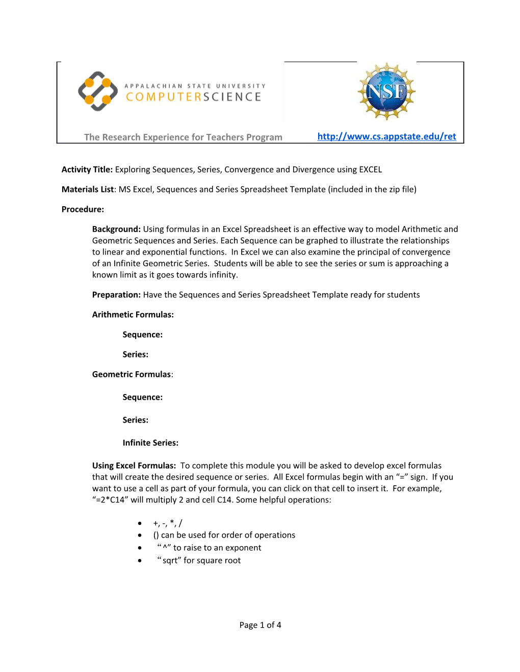 Activity Title: Exploring Sequences, Series, Convergence and Divergence Using EXCEL