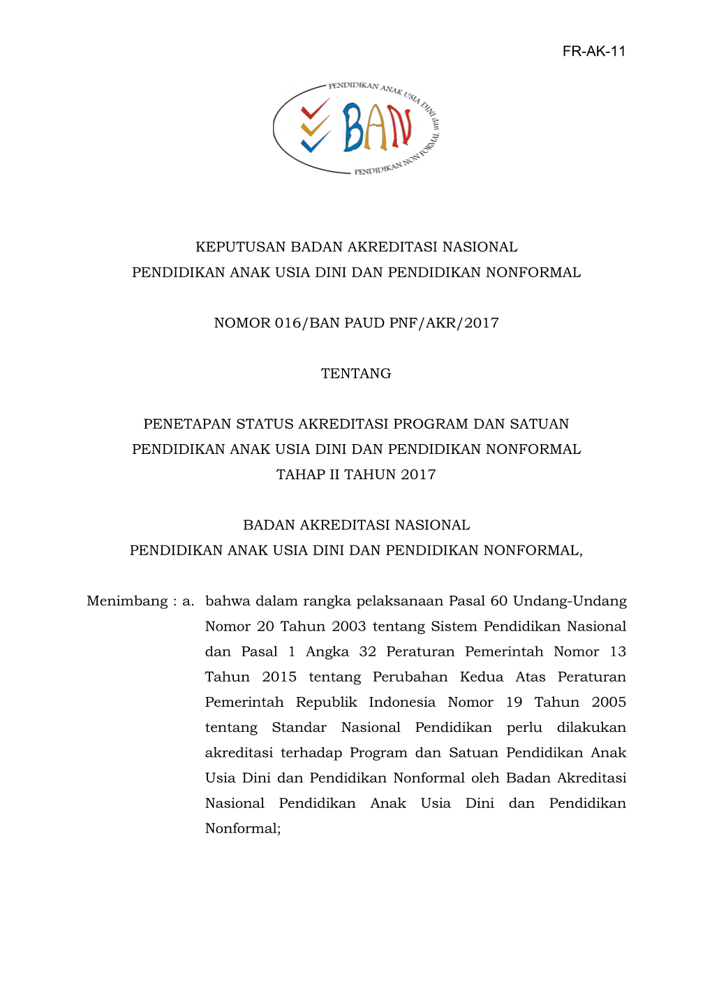 016 SK Penetapan Status Akreditasi Program Dan Satuan PAUD Dan