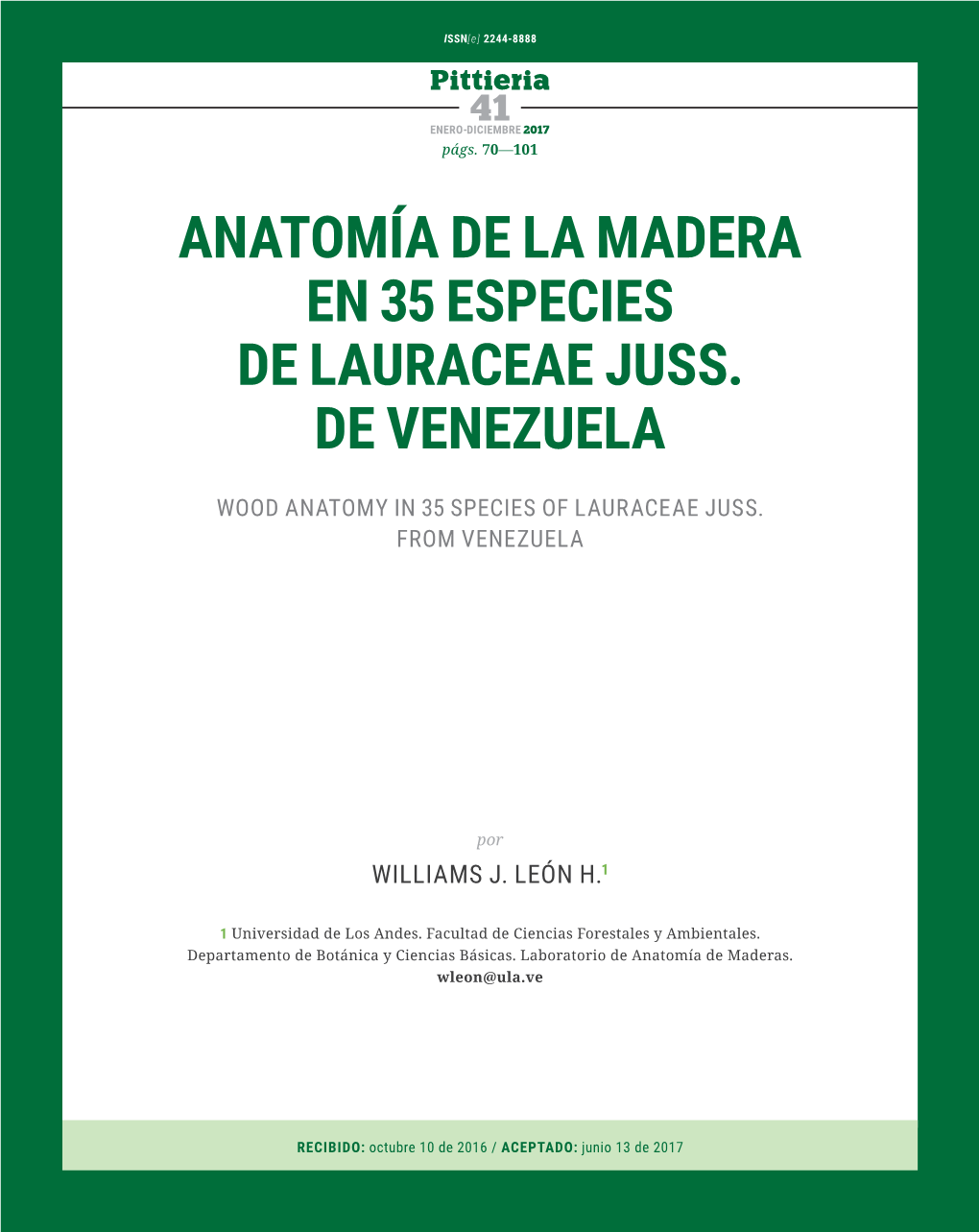 Anatomía De La Madera En 35 Especies De Lauraceae Juss. De Venezuela