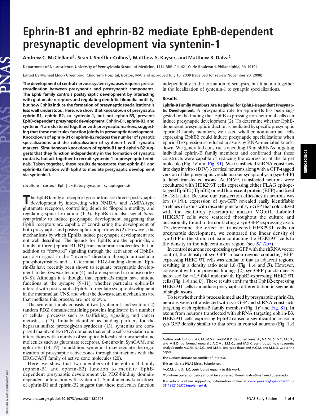 Ephrin-B1 and Ephrin-B2 Mediate Ephb-Dependent Presynaptic Development Via Syntenin-1