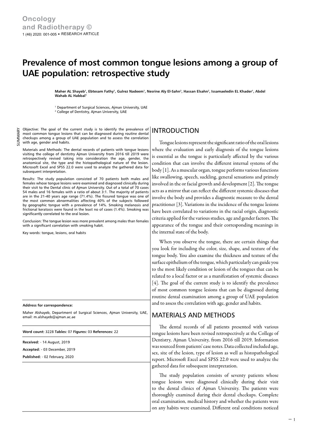 Prevalence of Most Common Tongue Lesions Among a Group of UAE Population: Retrospective Study