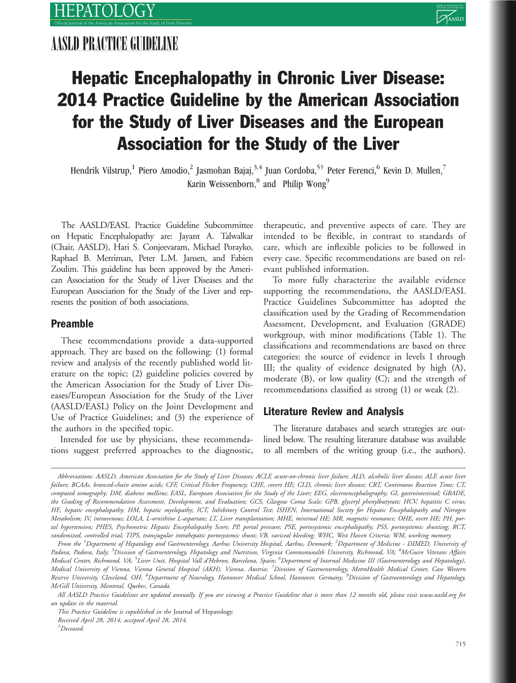 Hepatic Encephalopathy in Chronic Liver Disease: 2014 Practice Guideline by the American Association for the Study of Liver Dise