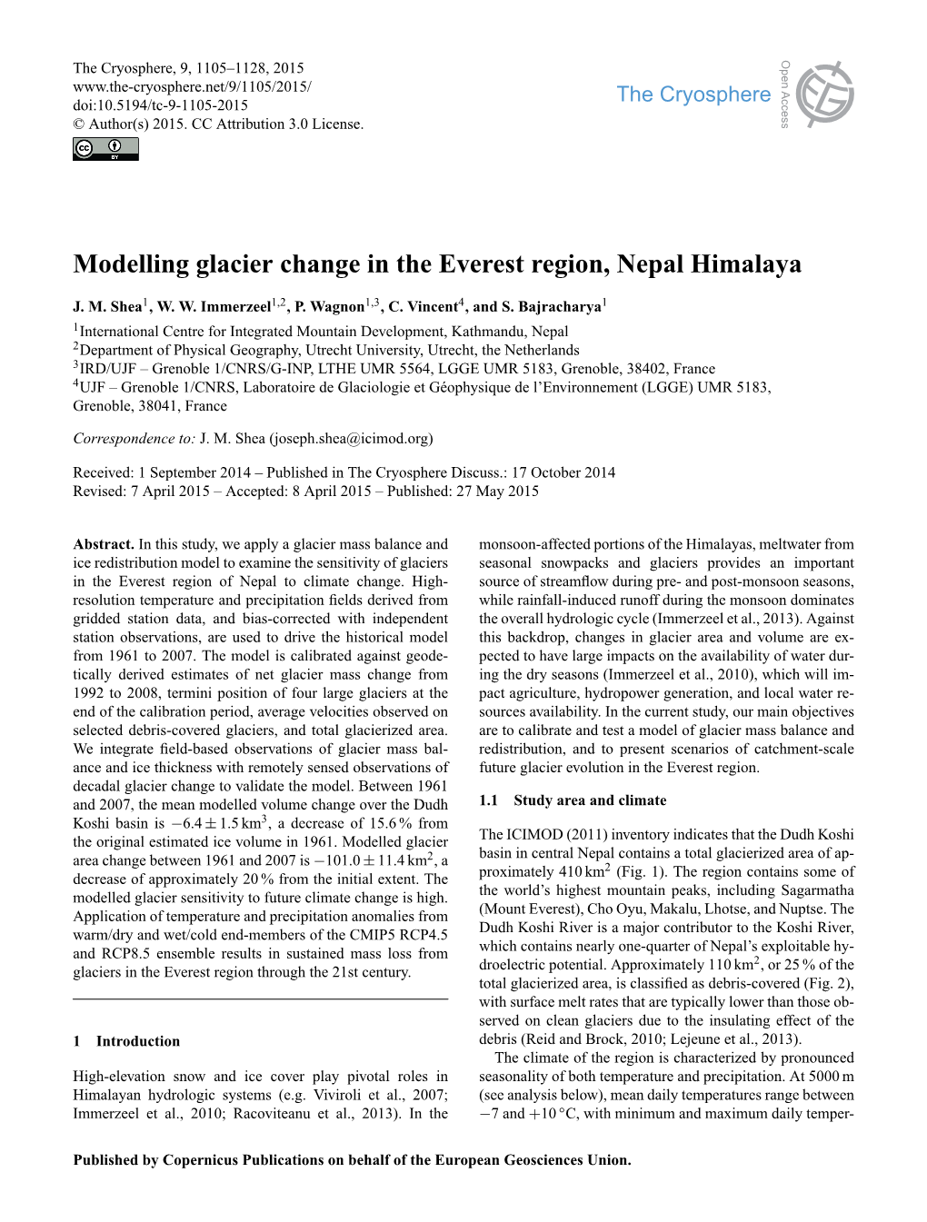 Modelling Glacier Change in the Everest Region, Nepal Himalaya