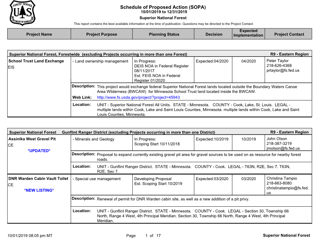 Schedule of Proposed Action (SOPA) 10/01/2019 to 12/31/2019 Superior National Forest This Report Contains the Best Available Information at the Time of Publication