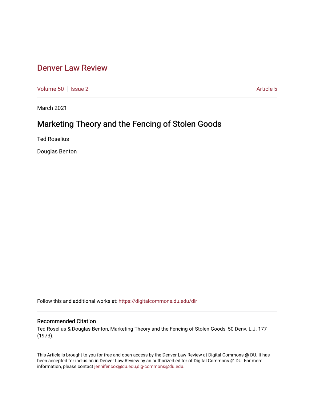 Marketing Theory and the Fencing of Stolen Goods