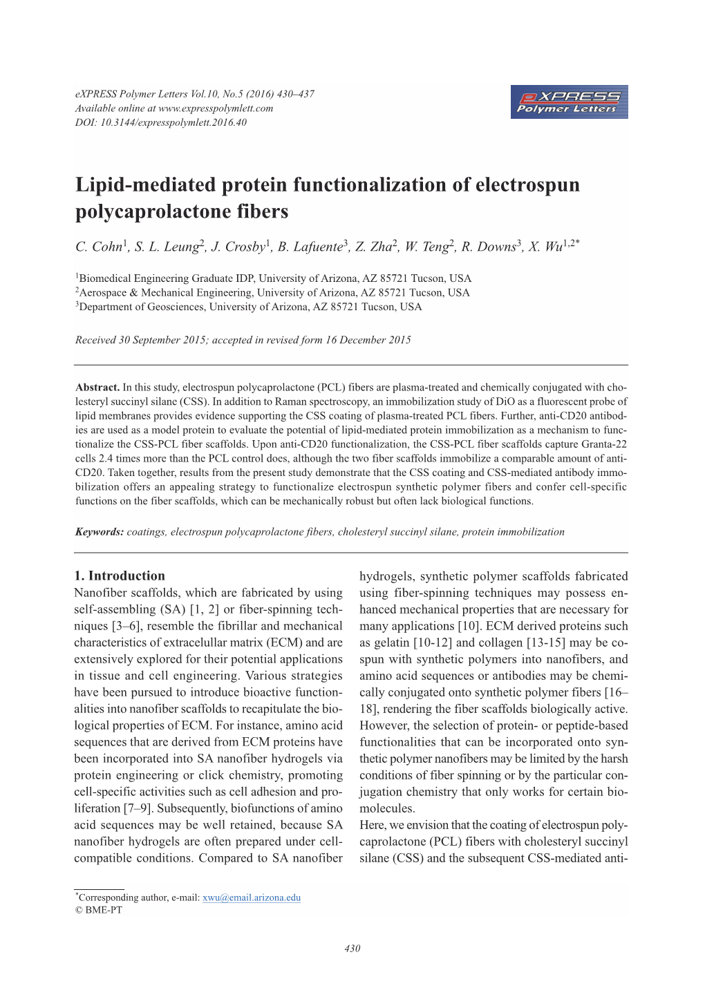 Lipid-Mediated Protein Functionalization of Electrospun Polycaprolactone Fibers