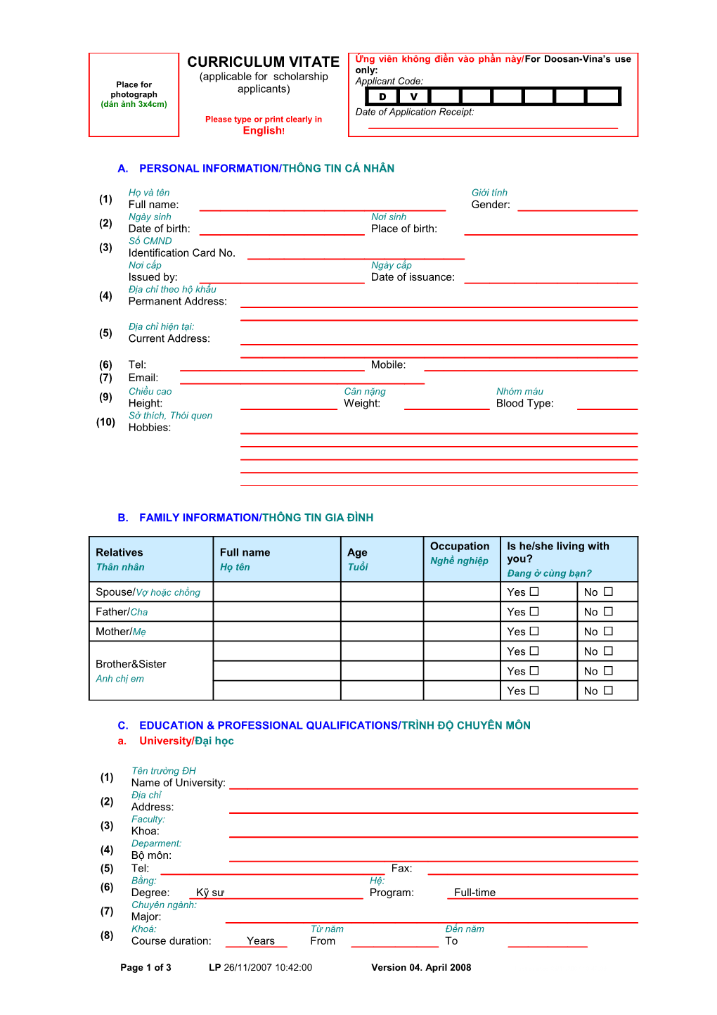 B. Family Information/Thông Tin Gia Đình