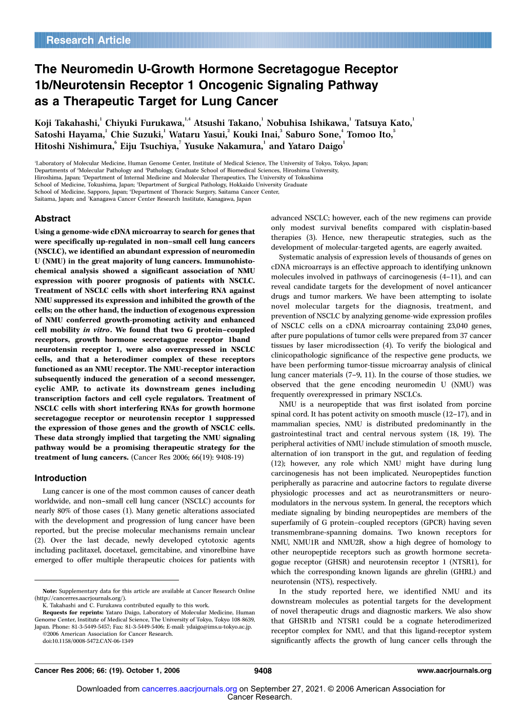 The Neuromedin U-Growth Hormone Secretagogue Receptor 1B/Neurotensin Receptor 1 Oncogenic Signaling Pathway As a Therapeutic Target for Lung Cancer