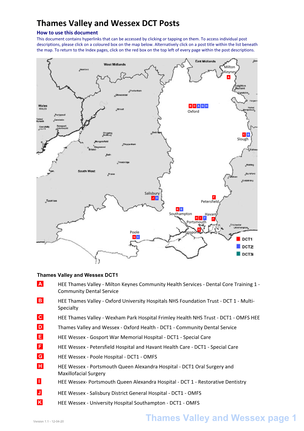 Thames Valley and Wessex DCT Posts How to Use This Document This Document Contains Hyperlinks That Can Be Accessed by Clicking Or Tapping on Them