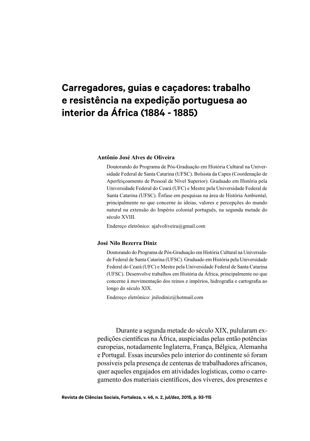 Carregadores, Guias E Caçadores: Trabalho E Resistência Na Expedição Portuguesa Ao Interior Da África (1884 - 1885)