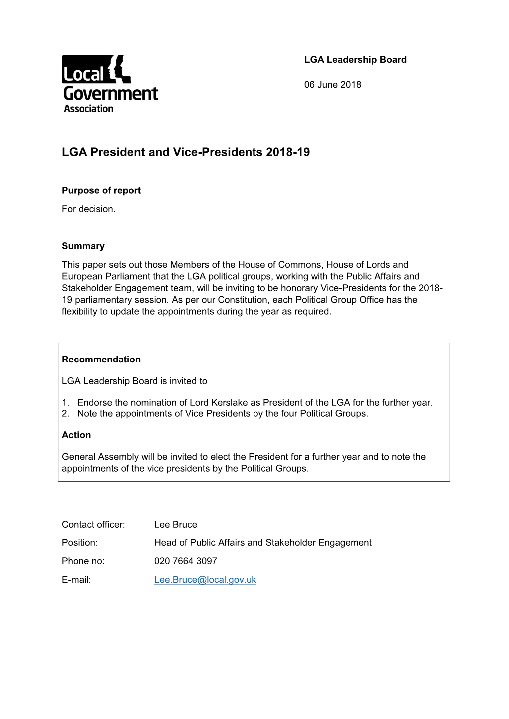 LGA President and Vice-Presidents 2018-19