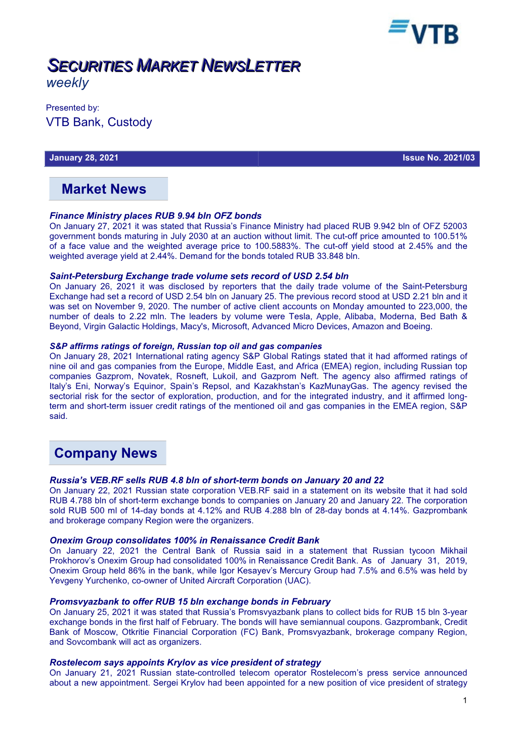 Market News Company News SECURITIES MARKET