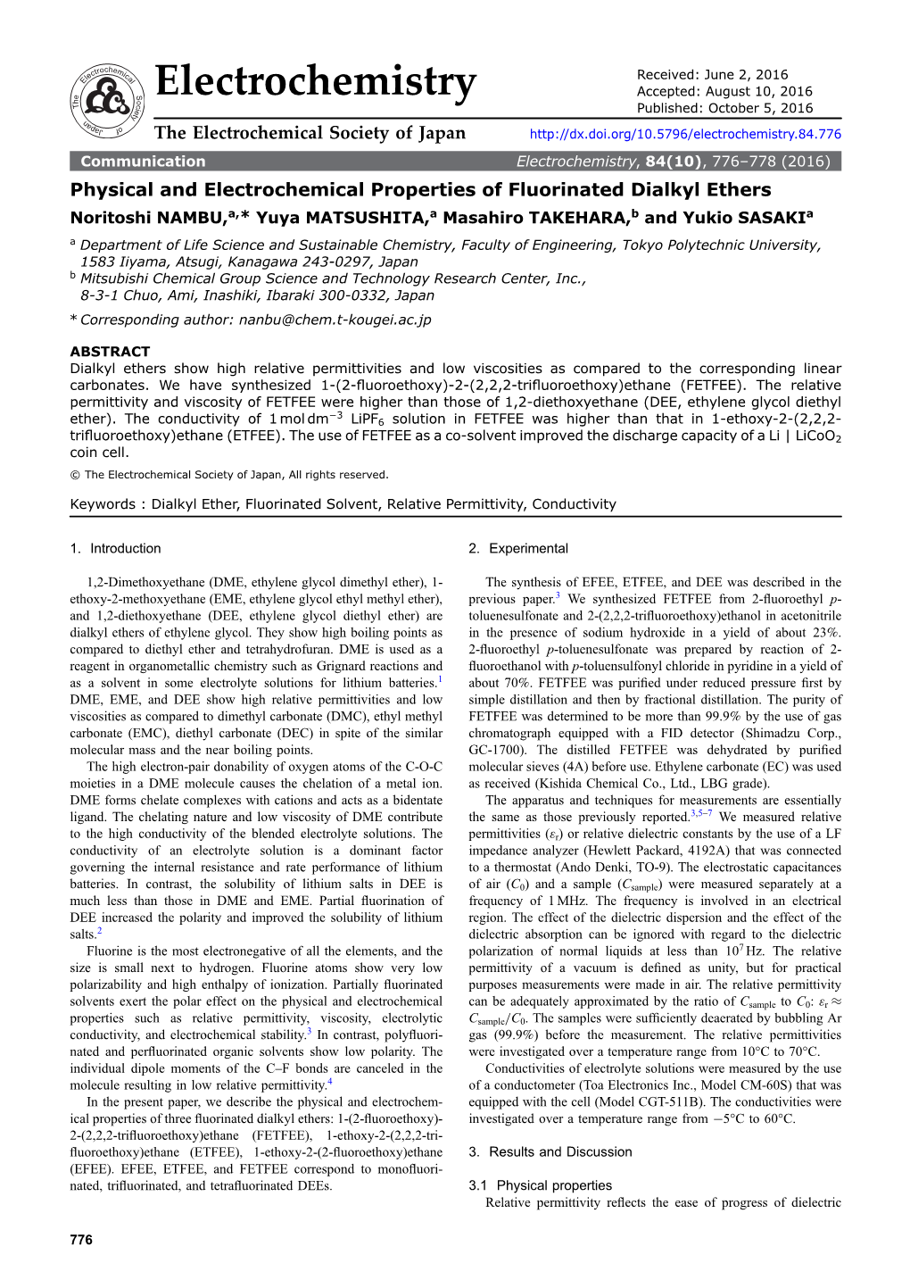 Physical and Electrochemical Properties of Fluorinated Dialkyl