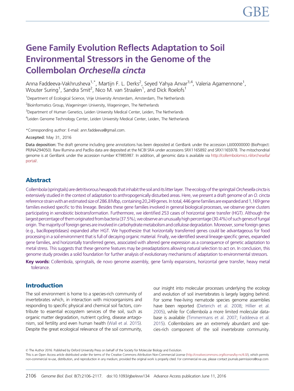 Gene Family Evolution Reflects Adaptation to Soil Environmental Stressors in the Genome of the Collembolan Orchesella Cincta