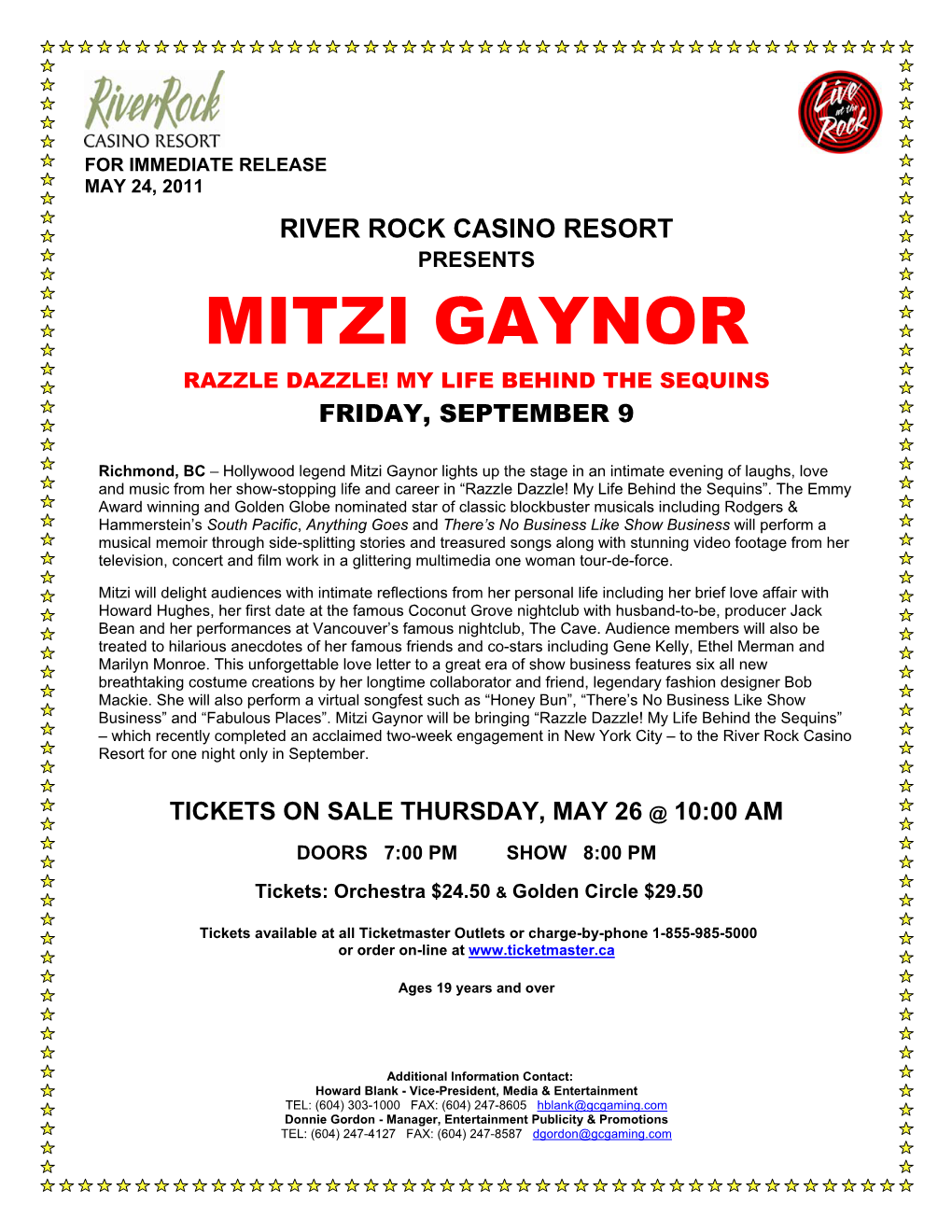 Mitzi Gaynor Razzle Dazzle! My Life Behind the Sequins Friday, September 9