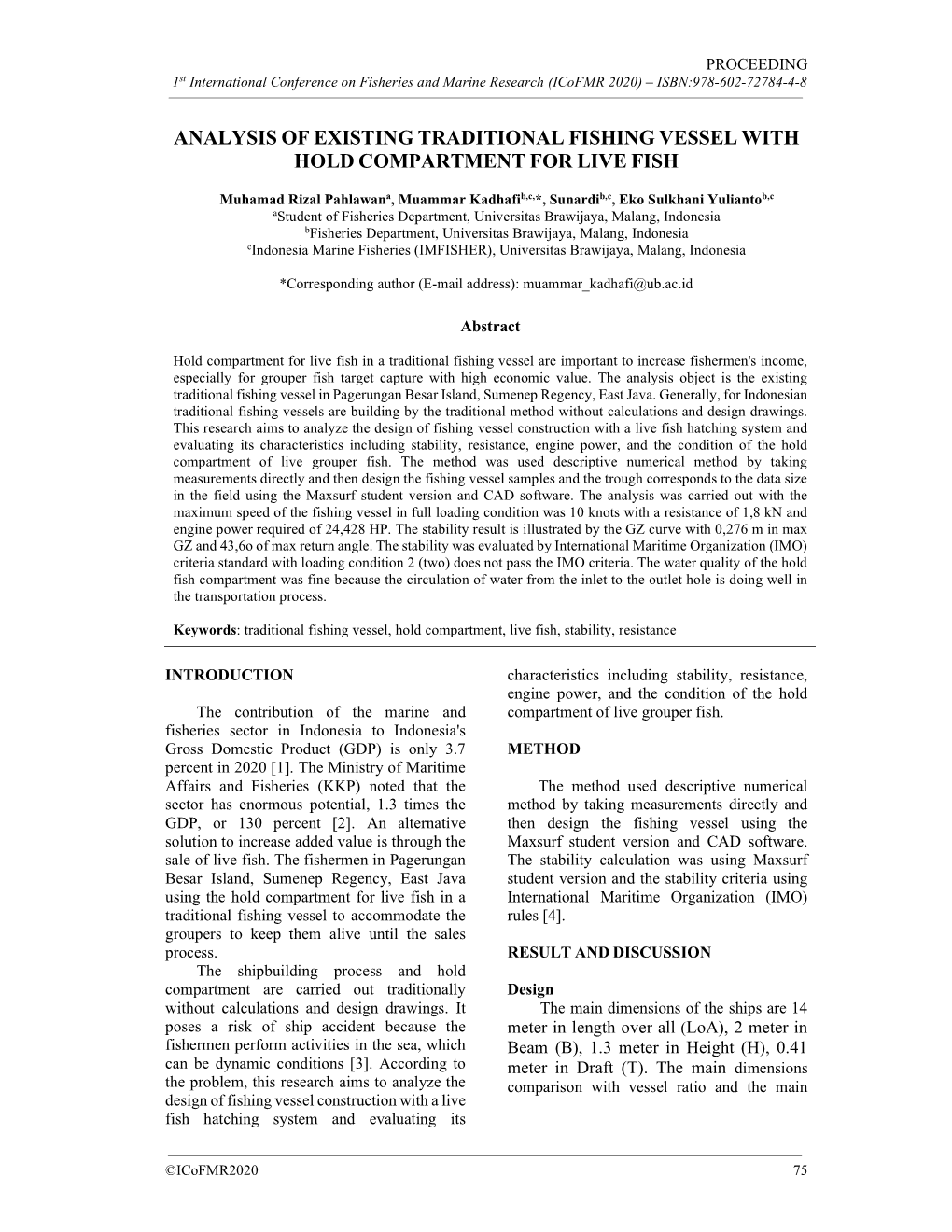 Analysis of Existing Traditional Fishing Vessel with Hold Compartment for Live Fish