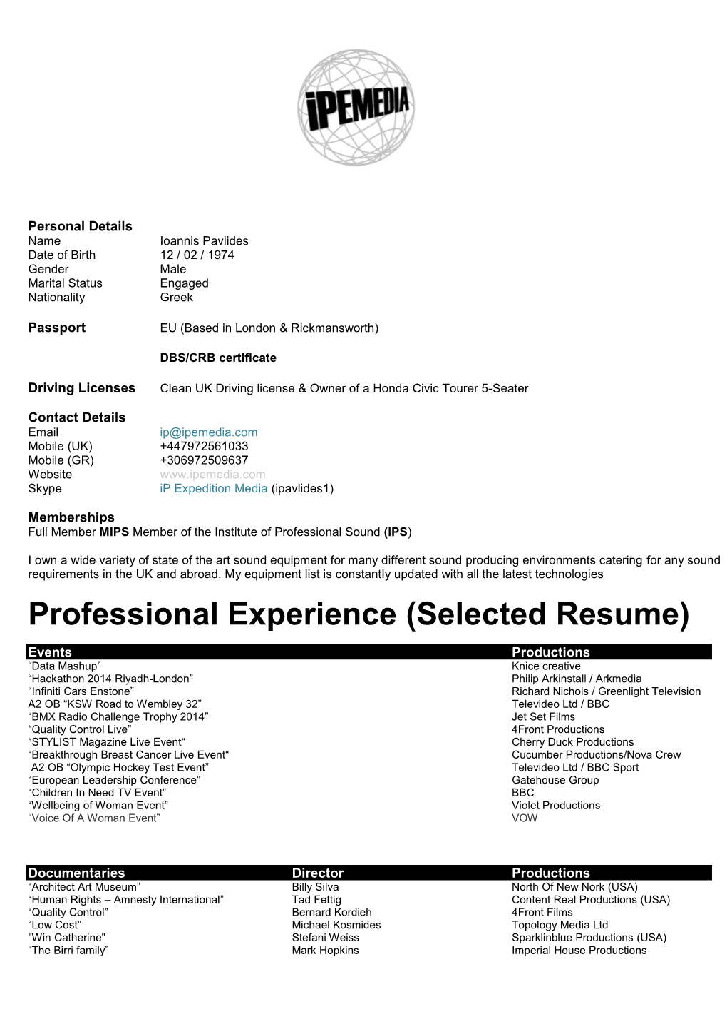 Professional Experience (Selected Resume)