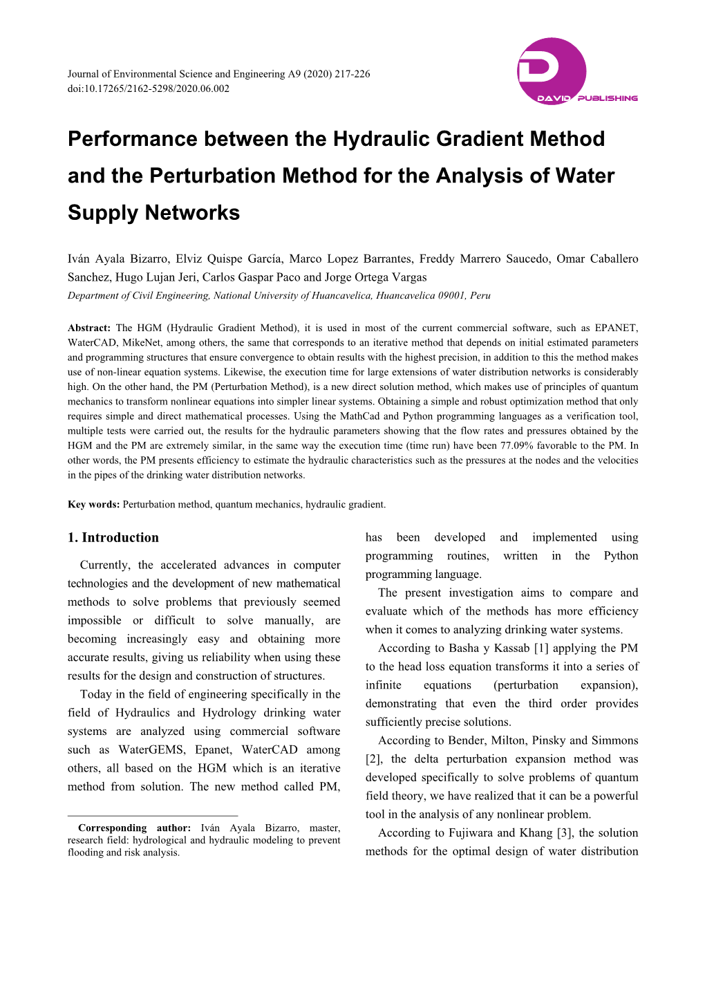Performance Between the Hydraulic Gradient Method and the Perturbation Method for the Analysis of Water Supply Networks