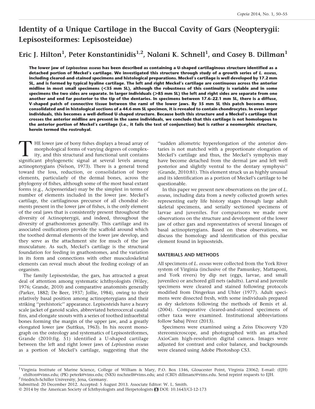 Identity of a Unique Cartilage in the Buccal Cavity of Gars (Neopterygii: Lepisosteiformes: Lepisosteidae)